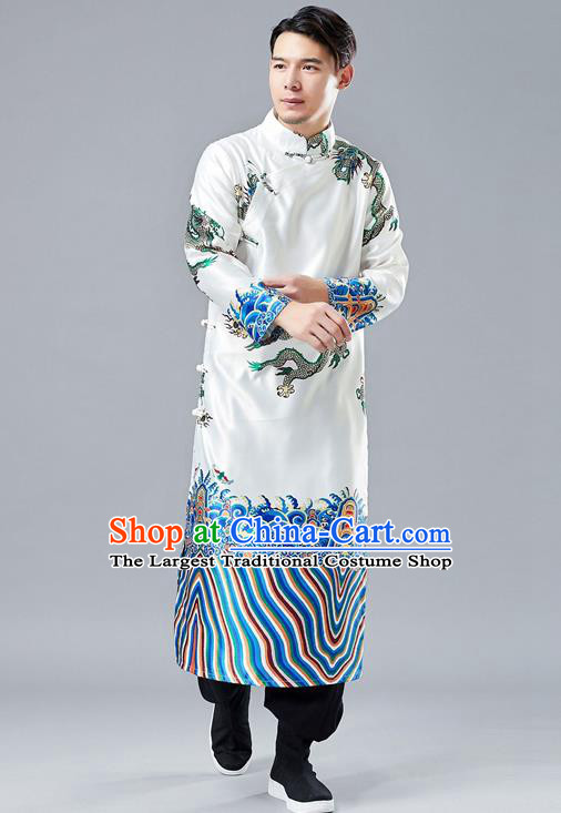 Top Chinese Tang Suit Printing Dragon White Robe Traditional Republic of China Kung Fu Gown Costumes for Men