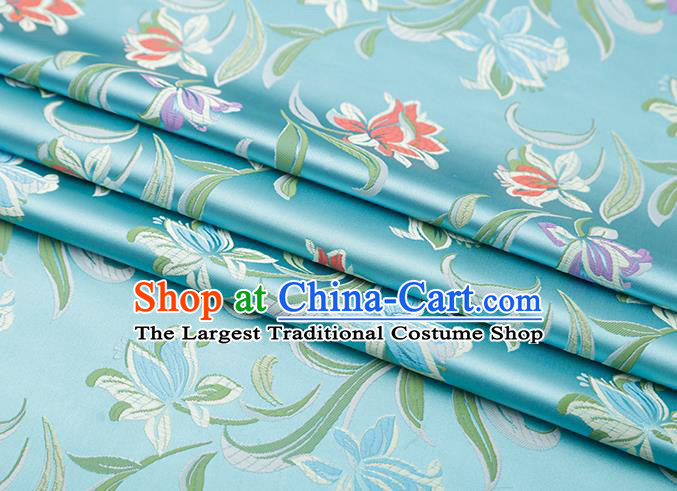 Chinese Traditional Daffodil Pattern Blue Brocade Fabric Cheongsam Satin Tapestry Drapery