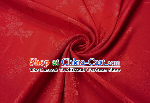 Chinese Traditional Plum Orchid Bamboo Chrysanthemum Pattern Design Red Brocade Fabric Hanfu Dress Satin Drapery