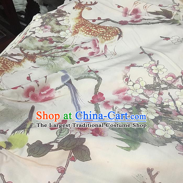 Chinese Traditional Plum Deer Design Pattern White Silk Fabric Cheongsam Mulberry Silk Drapery