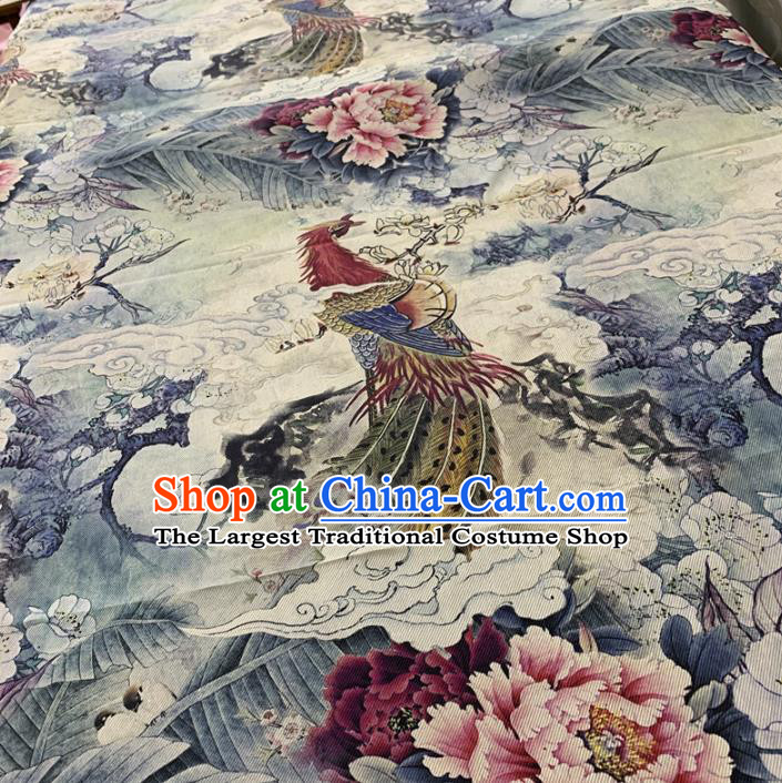 Chinese Traditional Mangnolia Phoenix Peony Design Pattern White Silk Fabric Cheongsam Mulberry Silk Drapery