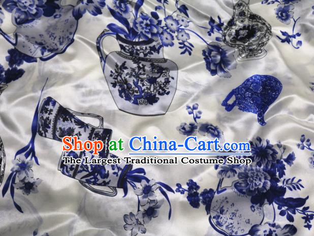 Chinese Traditional Printing Peony Vase Design Pattern White Silk Fabric Cheongsam Mulberry Silk Drapery