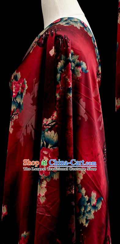 Chinese Traditional Peony Flowers Design Pattern Red Silk Fabric Cheongsam Mulberry Silk Drapery