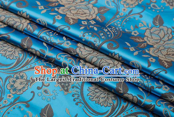 Chinese Traditional Twine Peony Lotus Pattern Blue Brocade Fabric Cheongsam Tapestry Drapery