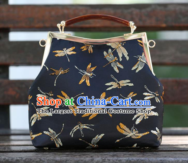 Chinese Traditional Dragonfly Pattern Black Brocade Bag Handmade Cheongsam Handbag for Women