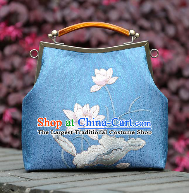 Chinese Traditional Embroidered Lotus Pattern Blue Brocade Bag Handmade Cheongsam Silk Handbag for Women