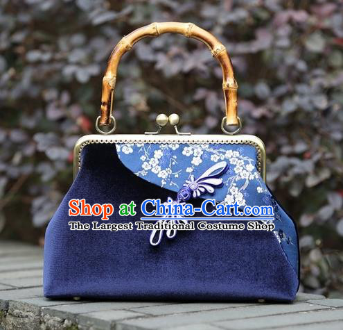 Chinese Traditional Plum Blossom Pattern Royalblue Brocade Bag Handmade Cheongsam Pleuche Handbag for Women