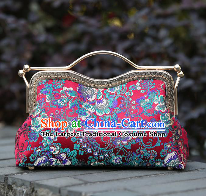 Chinese Traditional Peony Pattern Red Brocade Bag Handmade Cheongsam Silk Handbag for Women