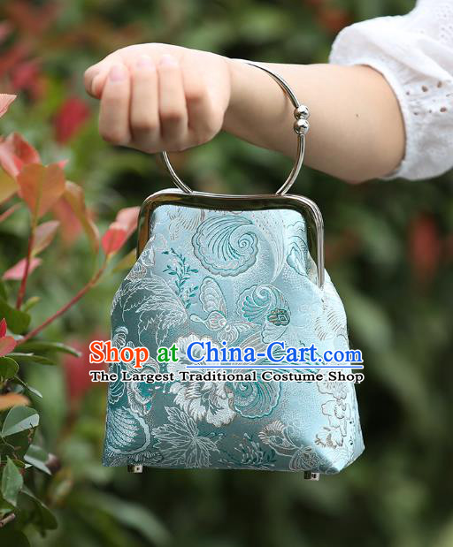 Chinese Traditional Butterfly Pattern Blue Brocade Bag Handmade Cheongsam Silk Handbag for Women