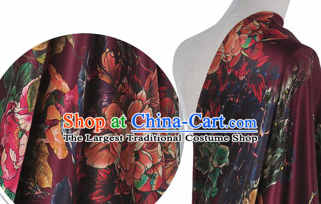 Chinese Classical Peony Pattern Design Purple Silk Fabric Asian Traditional Hanfu Mulberry Silk Material