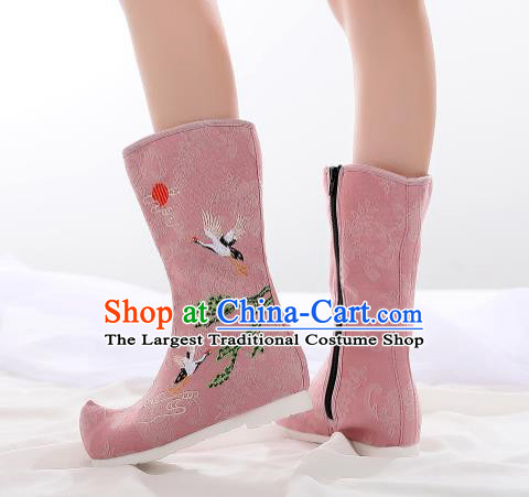 Traditional Chinese Kung Fu Pink Boots Opera Shoes Hanfu Shoes Embroidered Crane Boots for Women