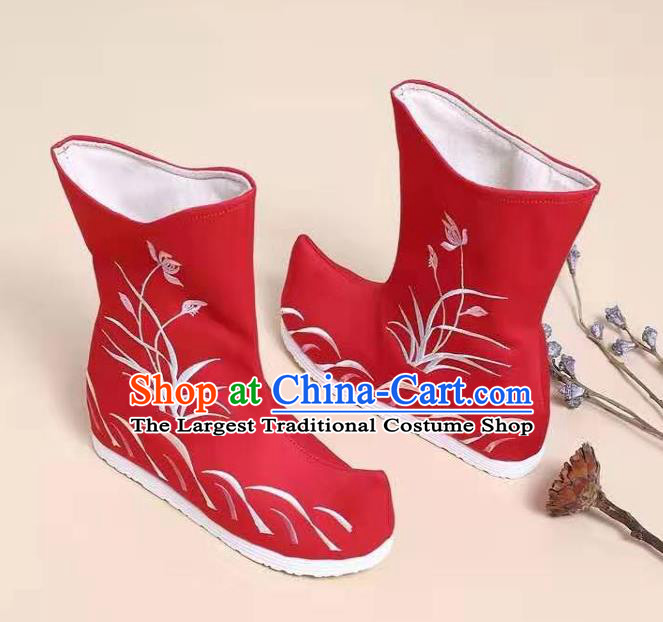 Traditional Chinese Embroidered Orchid Red Boots Kung Fu Boots Opera Shoes Hanfu Shoes for Women