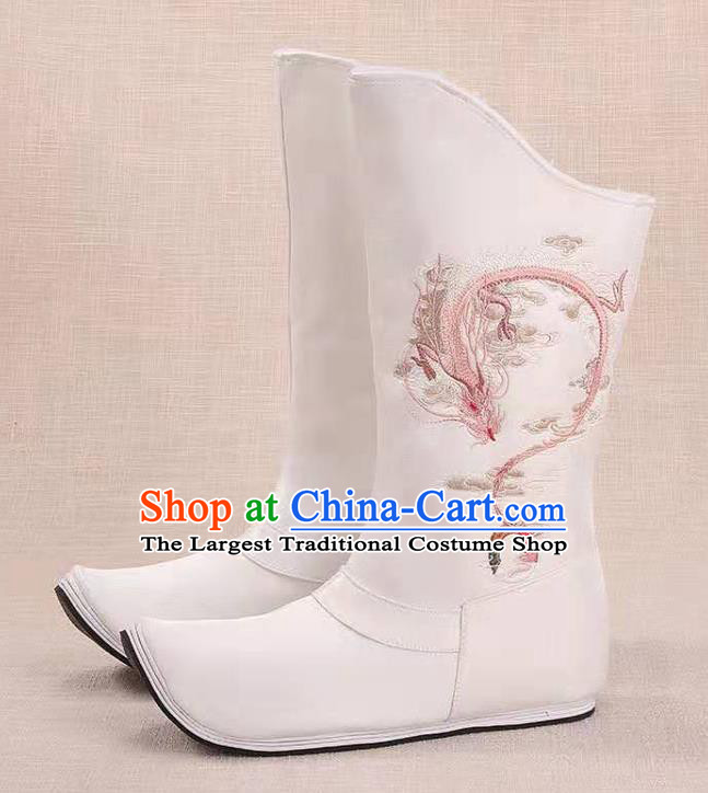 Traditional Chinese Embroidered Dragon White Boots Kung Fu Boots Opera Shoes Hanfu Shoes for Women