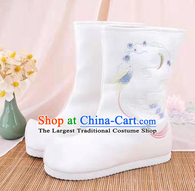 Traditional Chinese Embroidered Bird White Boots Kung Fu Boots Opera Shoes Hanfu Shoes for Women