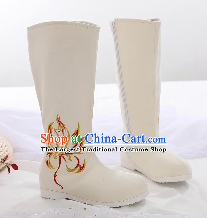 Traditional Chinese White Embroidered Nine Tail Fox Boots Kung Fu Boots Opera Shoes Hanfu Shoes for Women