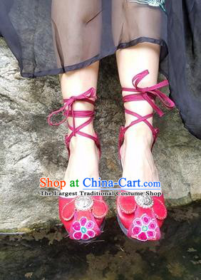 Traditional Chinese Yunnan National Red Shoes Women Shoes Embroidered Sandal