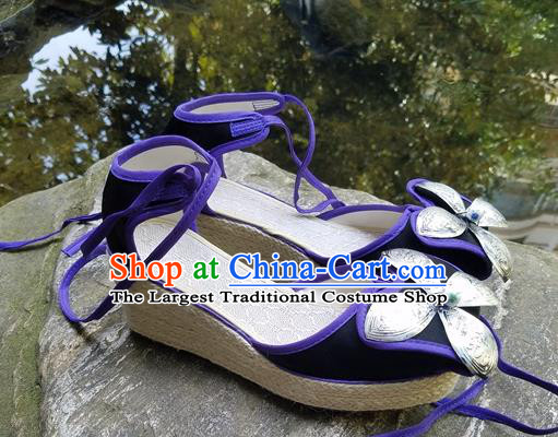 Traditional Chinese Handmade Black Wedge Heel Shoes Women Yunnan National Shoes Embroidered Sandal