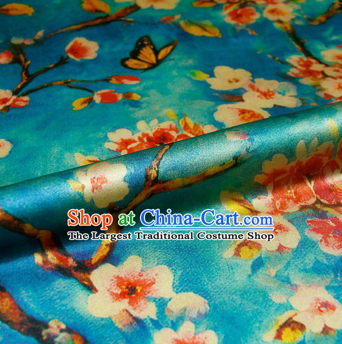 Chinese Classical Peach Flower Pattern Design Blue Silk Fabric Asian Traditional Hanfu Mulberry Silk Material