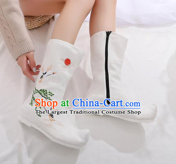 Traditional Chinese Kung Fu White Boots Opera Shoes Hanfu Shoes Embroidered Crane Boots for Women