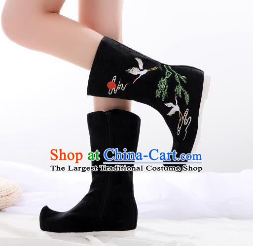 Traditional Chinese Kung Fu Black Boots Opera Shoes Hanfu Shoes Embroidered Crane Boots for Women