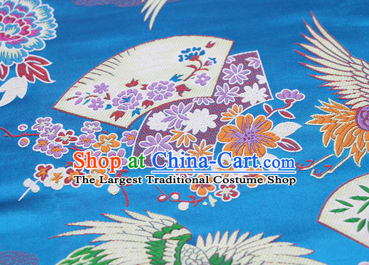 Chinese Classical Crane Plum Pattern Design Blue Brocade Fabric Asian Traditional Hanfu Satin Material