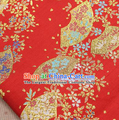 Asian Japanese Traditional Sakura Fan Pattern Design Red Brocade Fabric Tapestry Satin