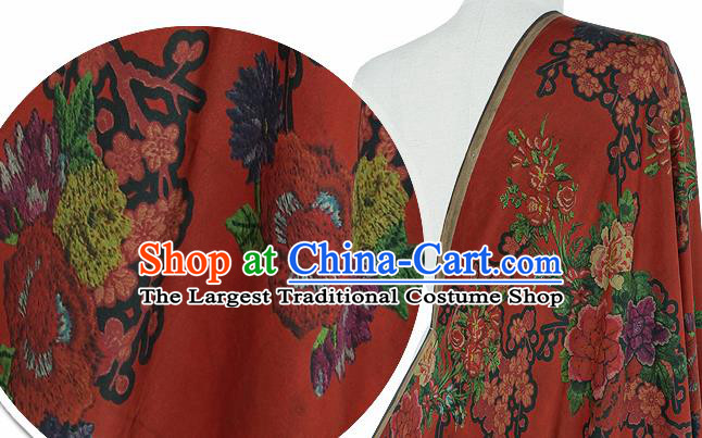 Chinese Classical Peony Plum Pattern Design Rust Red Silk Fabric Asian Traditional Hanfu Mulberry Silk Material