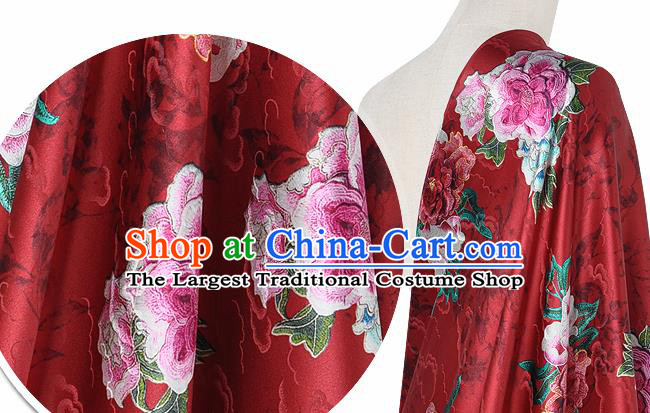 Chinese Classical Cloud Peony Pattern Design Red Silk Fabric Asian Traditional Hanfu Mulberry Silk Material