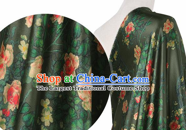 Chinese Classical Roses Pattern Design Atrovirens Silk Fabric Asian Traditional Hanfu Mulberry Silk Material