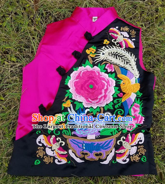 Traditional Chinese Embroidered Peony Rosy Vest Handmade National Upper Outer Garment Costume for Women