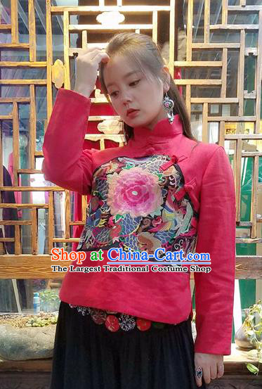 Traditional Chinese Embroidered Peony Red Shirt National Cheongsam Blouse Costume for Women