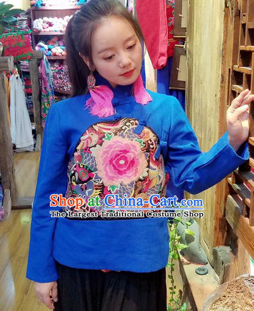 Traditional Chinese Embroidered Peony Blue Shirt National Cheongsam Blouse Costume for Women