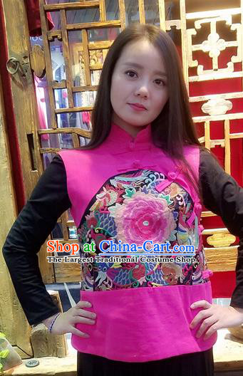 Traditional Chinese Rosy Flax Vest National Embroidered Peony Waistcoat Costume for Women