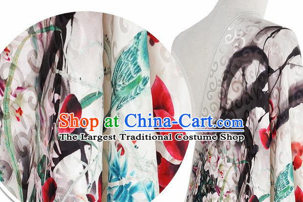 Chinese Classical Orchid Bird Pattern Design White Silk Fabric Asian Traditional Hanfu Mulberry Silk Material