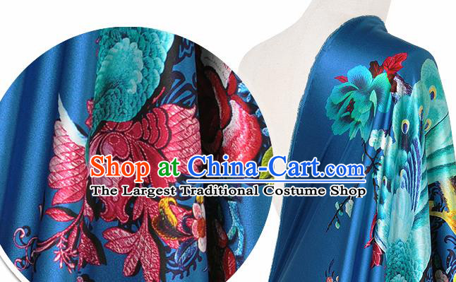 Chinese Classical Peacock Peony Pattern Design Royalblue Silk Fabric Asian Traditional Hanfu Mulberry Silk Material