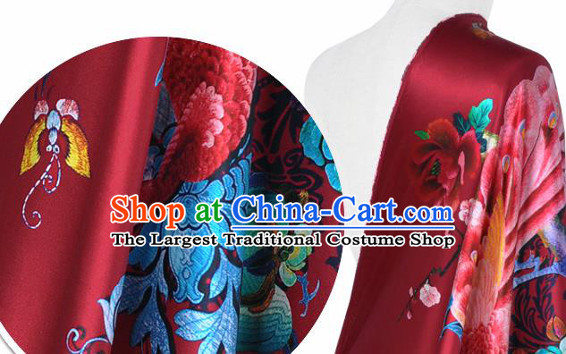 Chinese Classical Peacock Peony Pattern Design Red Silk Fabric Asian Traditional Hanfu Mulberry Silk Material