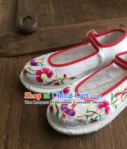 Traditional Chinese Ethnic Embroidered Flower White Satin Shoes National Shoes Hanfu Shoes for Women