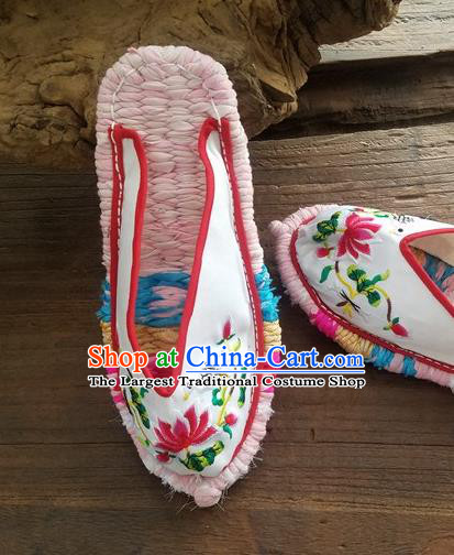 Traditional Chinese Embroidered Lotus White Slippers Handmade Ethnic National Shoes Hanfu Shoes for Women