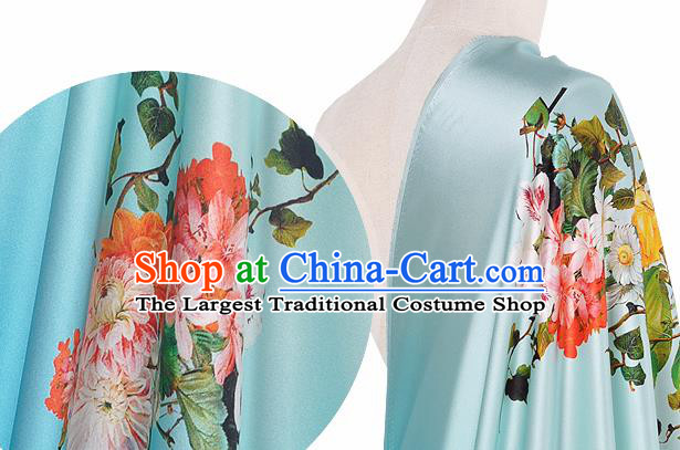 Chinese Classical Flowers Pattern Design Light Blue Silk Fabric Asian Traditional Hanfu Mulberry Silk Material