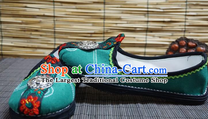 Traditional Chinese Ethnic Female Green Shoes Handmade Yunnan National Shoes Hanfu Shoes for Women