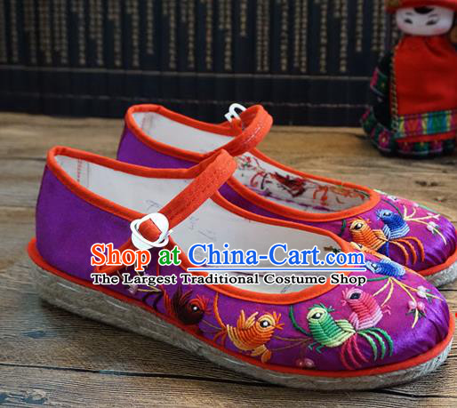 Traditional Chinese Ethnic Embroidered Magpie Purple Shoes Handmade Yunnan National Shoes Wedding Shoes for Women