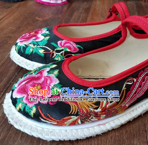 Traditional Chinese National Embroidered Phoenix Peony Black Shoes Ethnic Shoes Hanfu Shoes for Women