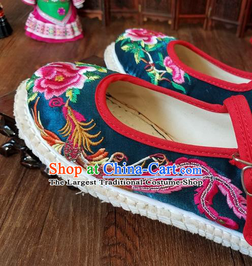 Traditional Chinese National Embroidered Phoenix Peony Peacock Blue Shoes Ethnic Shoes Hanfu Shoes for Women