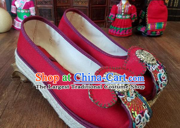 Traditional Chinese Handmade Ethnic Red Shoes Yunnan National Carving Silver Shoes Embroidered Shoes for Women