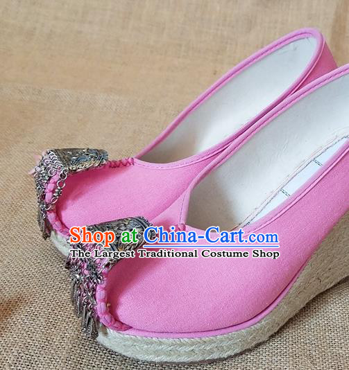 Traditional Chinese Handmade Ethnic Bride Pink Shoes Yunnan National Silver Tassel Shoes Wedding Shoes for Women