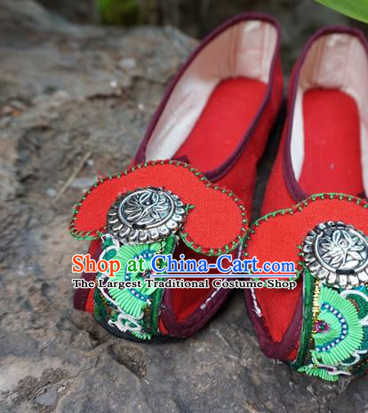 Traditional Chinese Ethnic Silver Red Shoes Embroidered Shoes Yunnan National Wedding Shoes for Women