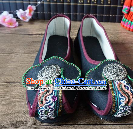 Traditional Chinese Ethnic Silver Black Shoes Embroidered Shoes Yunnan National Wedding Shoes for Women