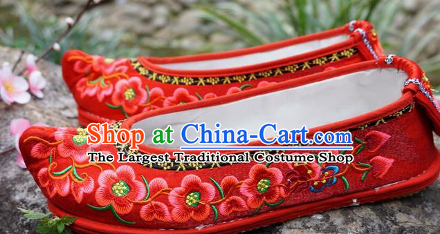 Traditional Chinese Wedding Embroidered Plum Red Shoes National Ethnic Shoes Hanfu Shoes for Women