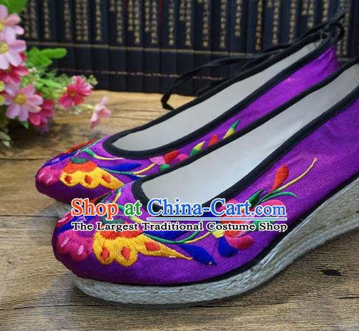 Traditional Chinese Embroidered Butterfly Purple Wedge Shoes National Wedding Shoes Hanfu Shoes for Women