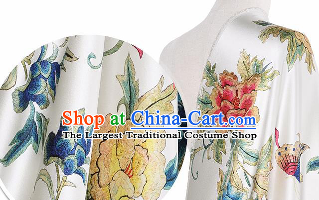 Chinese Classical Peony Pattern Design White Silk Fabric Asian Traditional Hanfu Mulberry Silk Material